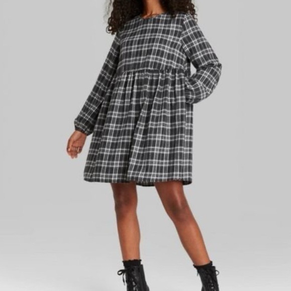 Plaid Babydoll Black and White  Grunge 90s Style Mini Dress